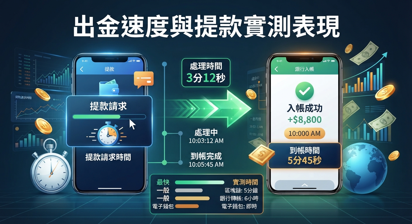 圖片展示了手機上的出金與提款測試畫面,並在頂部標示了「出金速度與提款實測表現」的標題。 畫面中結合了計時器與統計圖表,凸顯處理時間與入帳成功的實測結果。